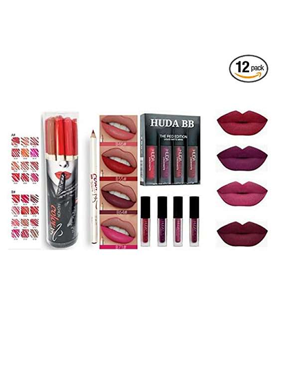 liquid matte minis lipstick red edition (6-ml pack of 4) with 12 pcs fashion colour lip liner pencil (multicolor)