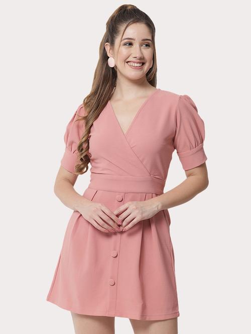puff sleeved solid fit & flare dress - 18575083 - Standard Image - 0