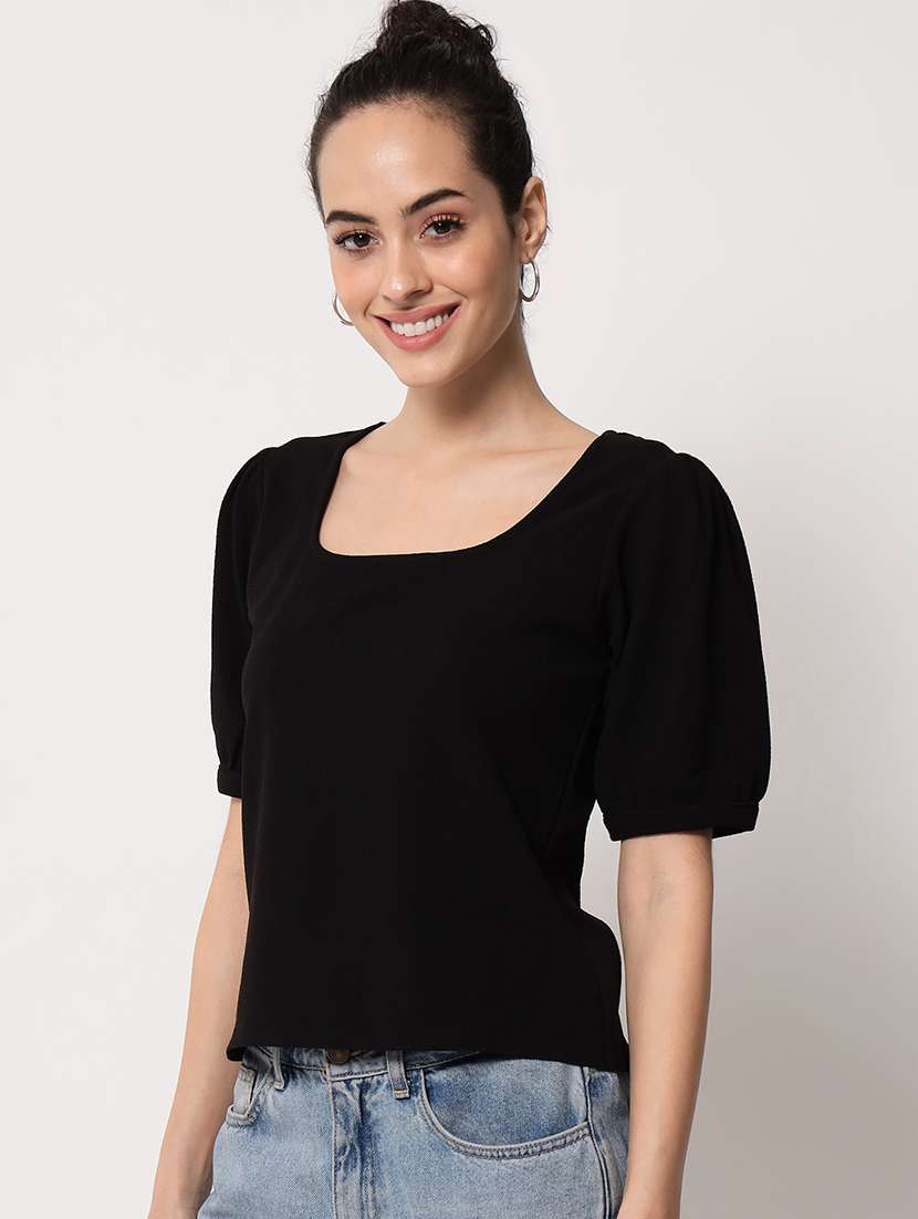 women's solid black round neck top - 18575128 -  Standard Image - 1