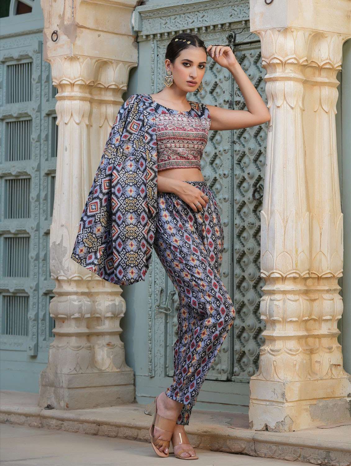 Buy online Ikat Crop Top Jacket Pant Set from ethnic wear for - Main Image