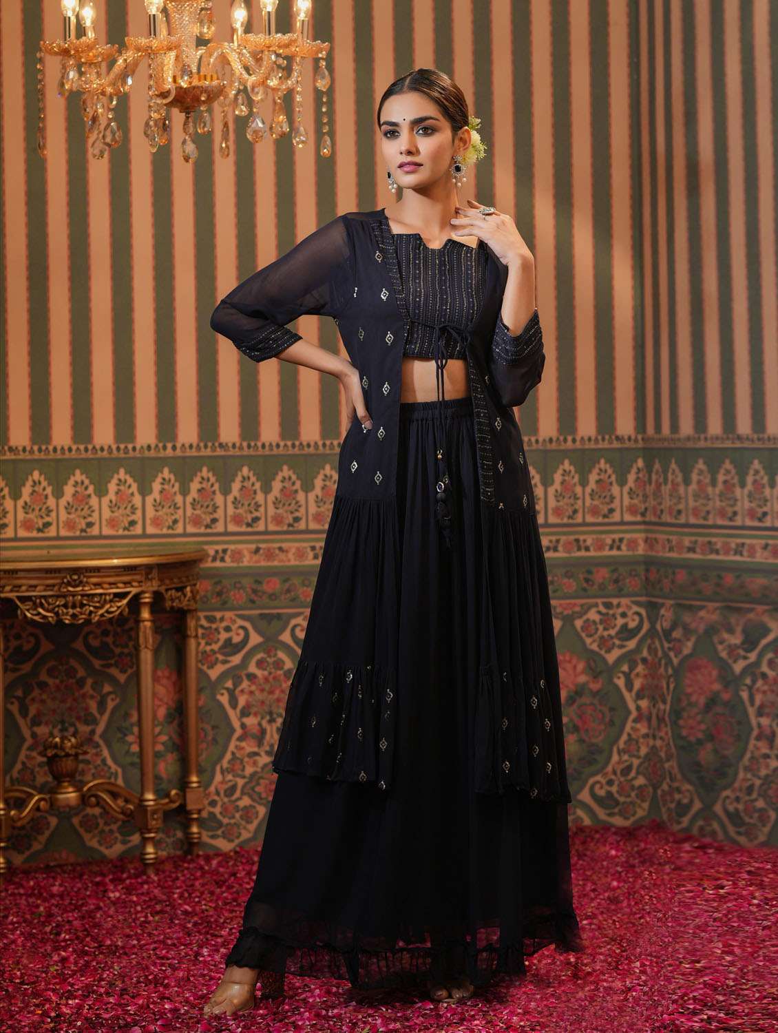 navy blue sequined fusion set 