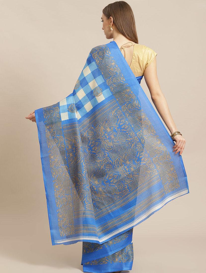women's checks blue colored saree with blouse - 18577688 - Standard Image - 1