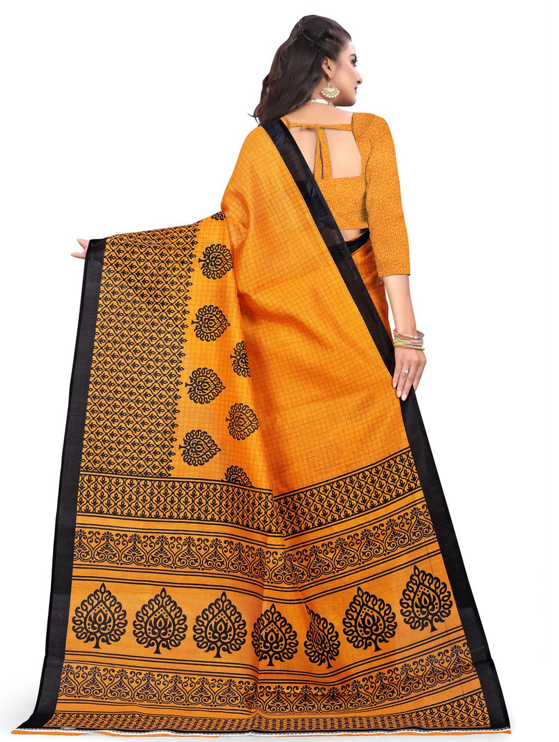 women's block print mustard colored saree - 18584117 - Standard Image - 1
