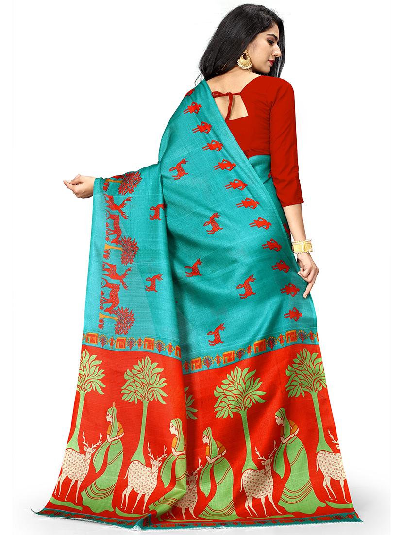 women's warli teal colored saree with blouse - 18584625 - Standard Image - 1