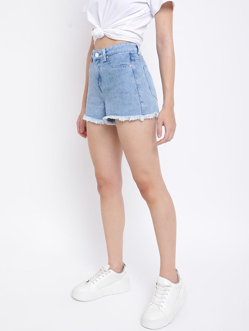 women light blue denim solid shorts - 18587151 -  Standard Image - 1