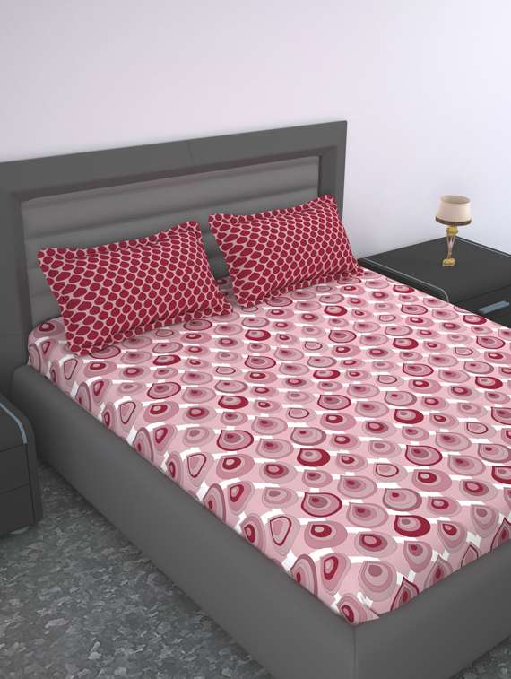 120 tc rich cotton flat bedsheet for double bed with 2 pillow covers|90x100 inch|design abstract |color-pink and maroon|