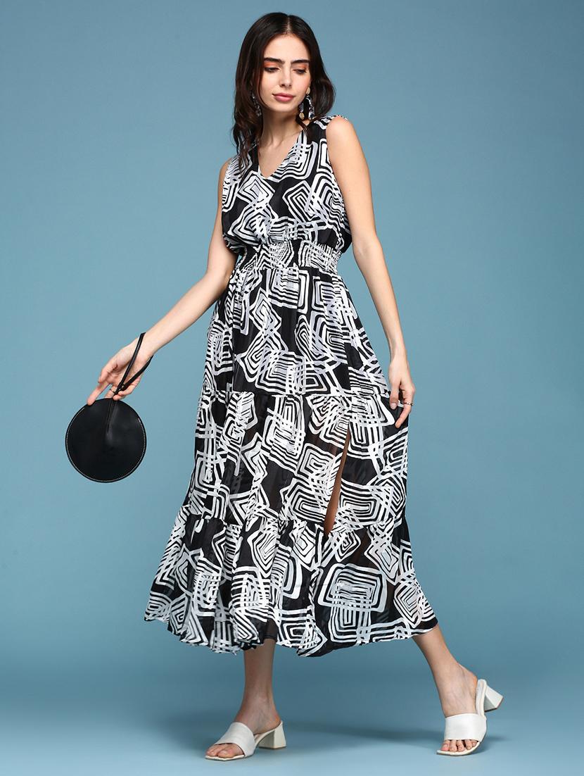 women's fit & flare geometric dress - 18590950 - Standard Image - 1