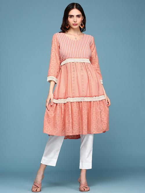 women three quarter sleeves schiffli detailed tiered kurta - 18590960 -  Standard Image - 0
