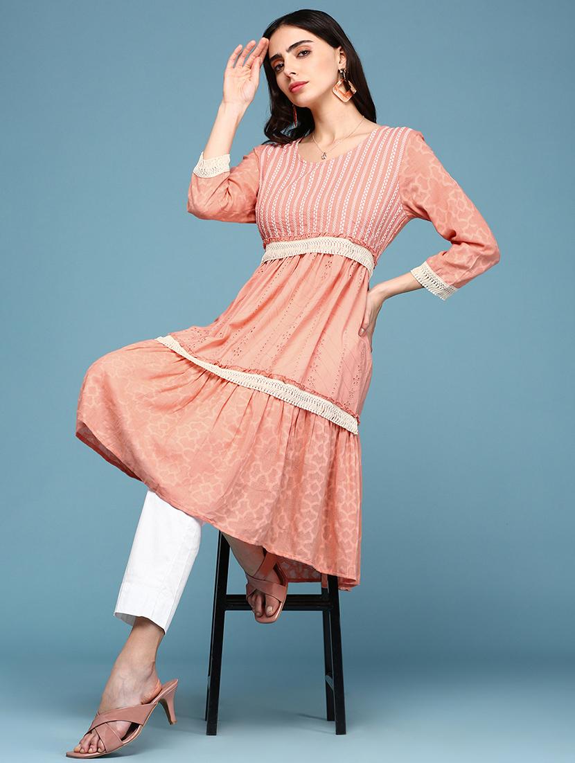 women three quarter sleeves schiffli detailed tiered kurta - 18590960 -  Standard Image - 1