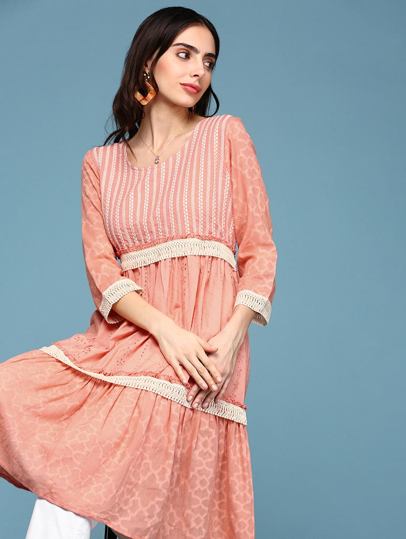women three quarter sleeves schiffli detailed tiered kurta - 18590960 - Standard Image - 4