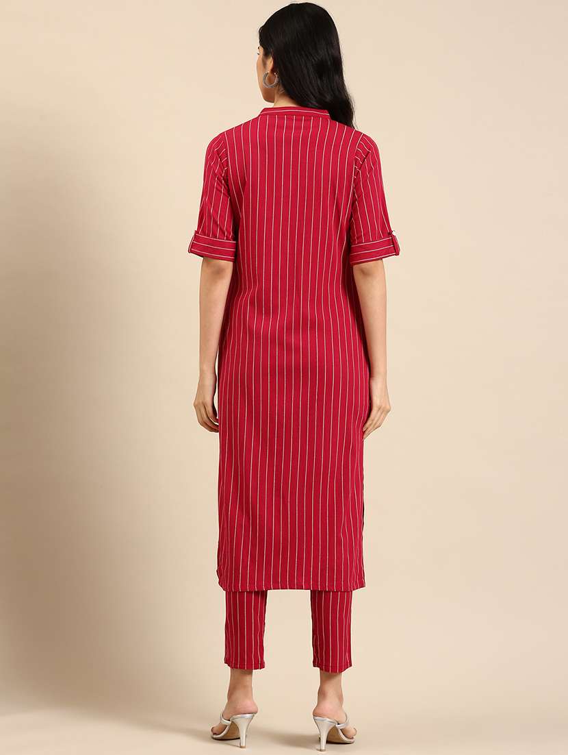 women stripes mandarin neck kurta pant set - 18591190 -  Standard Image - 1