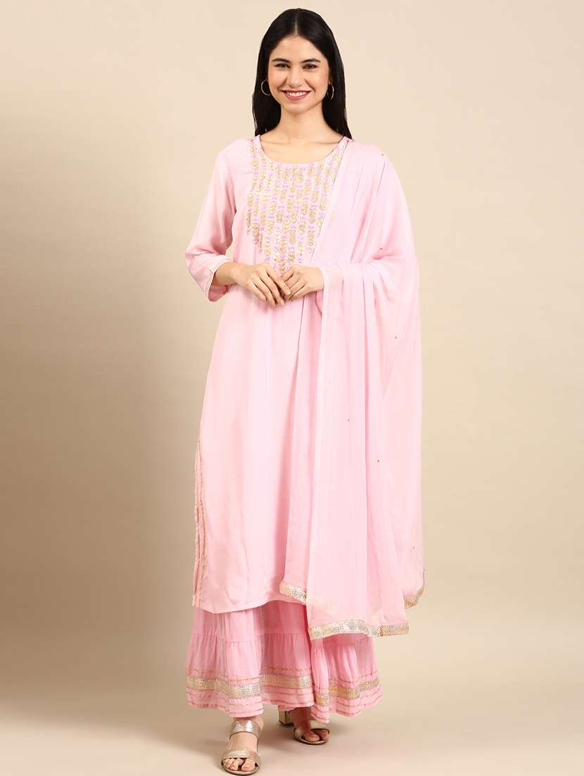 women embroidered kurta sharara with dupatta set