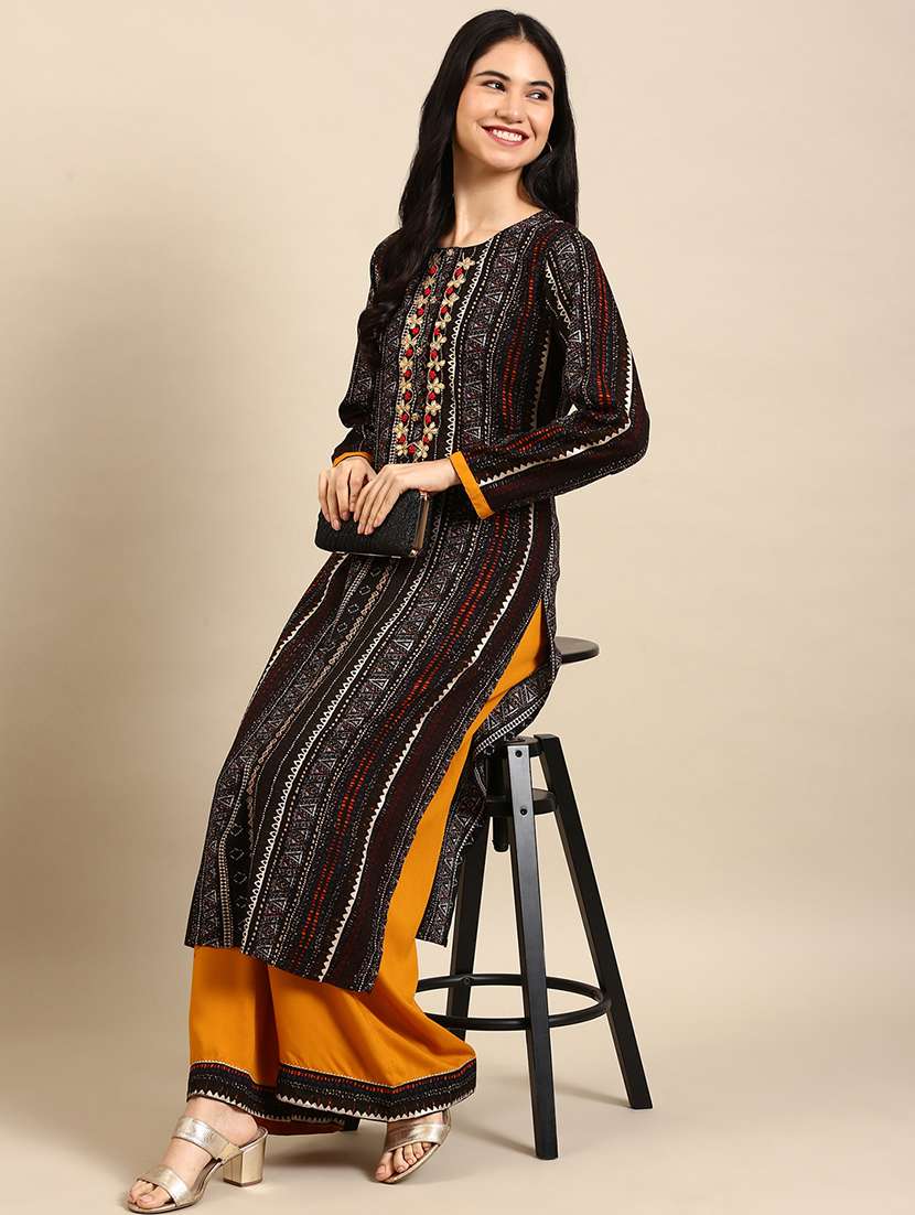 women black printed round neck kurta palazzo set - 18591219 -  Standard Image - 1