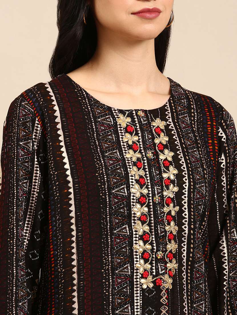 women black printed round neck kurta palazzo set - 18591219 -  Standard Image - 4