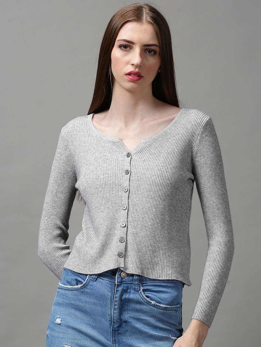 round neck solid woolen cardigan