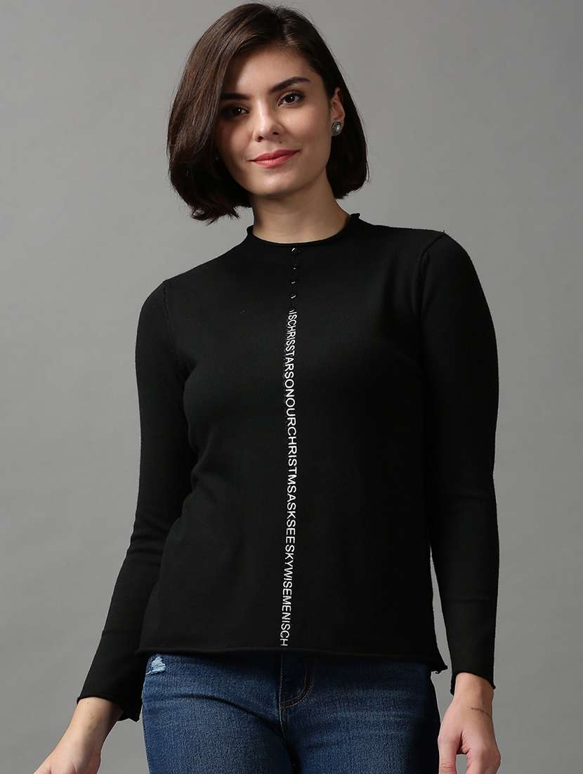 women black typographic round neck pullover