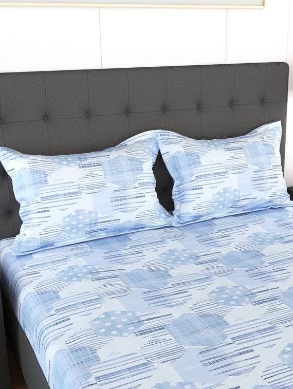 180 tc rich cotton flat bedsheet for king size bed with 2 pillow covers | 108x108 inch | design geometric | color - sky blue |
