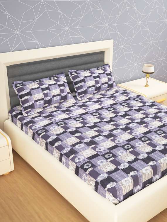 120 tc cotton flat bedsheet for double bed with 2 pillow covers|90x120 inch|design geomatric|color - dusty violet and cream|.