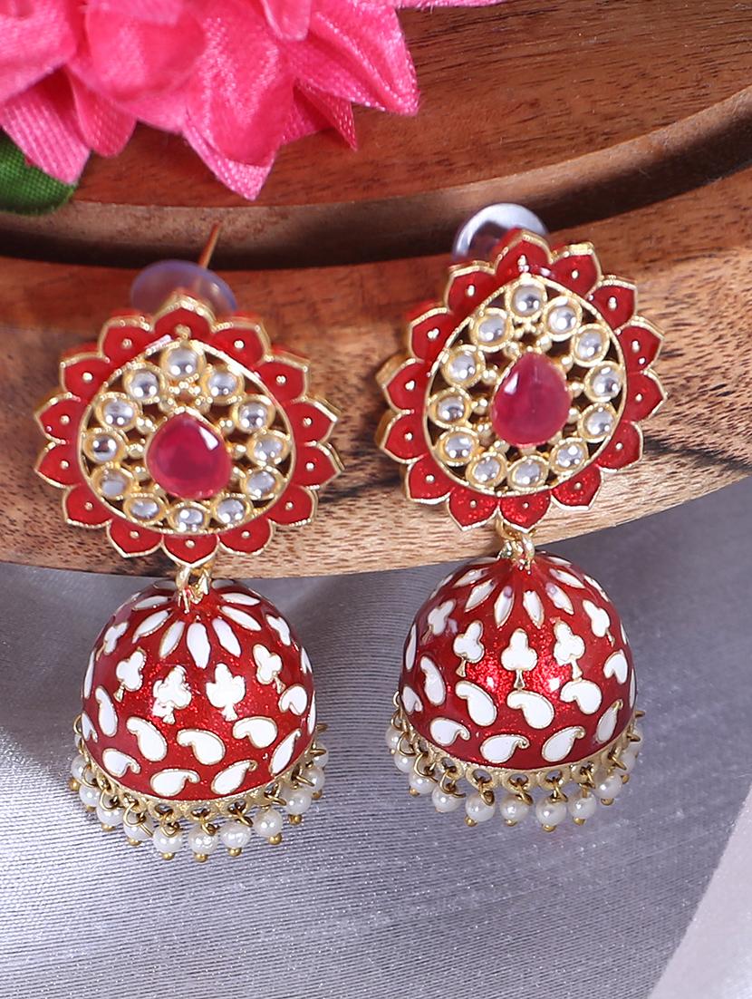 red gold plated jhumka earring - 18601317 - Zoom Image - 0
