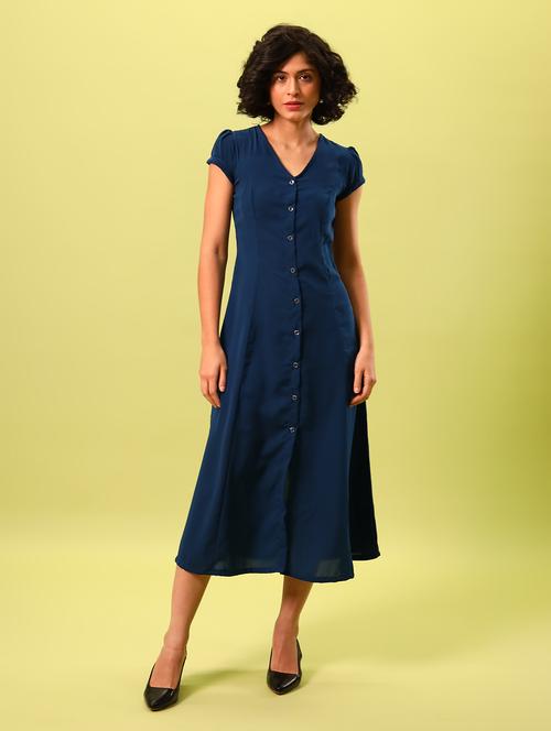 women blue solid v neck a-line dress - 18603774 - Standard Image - 0