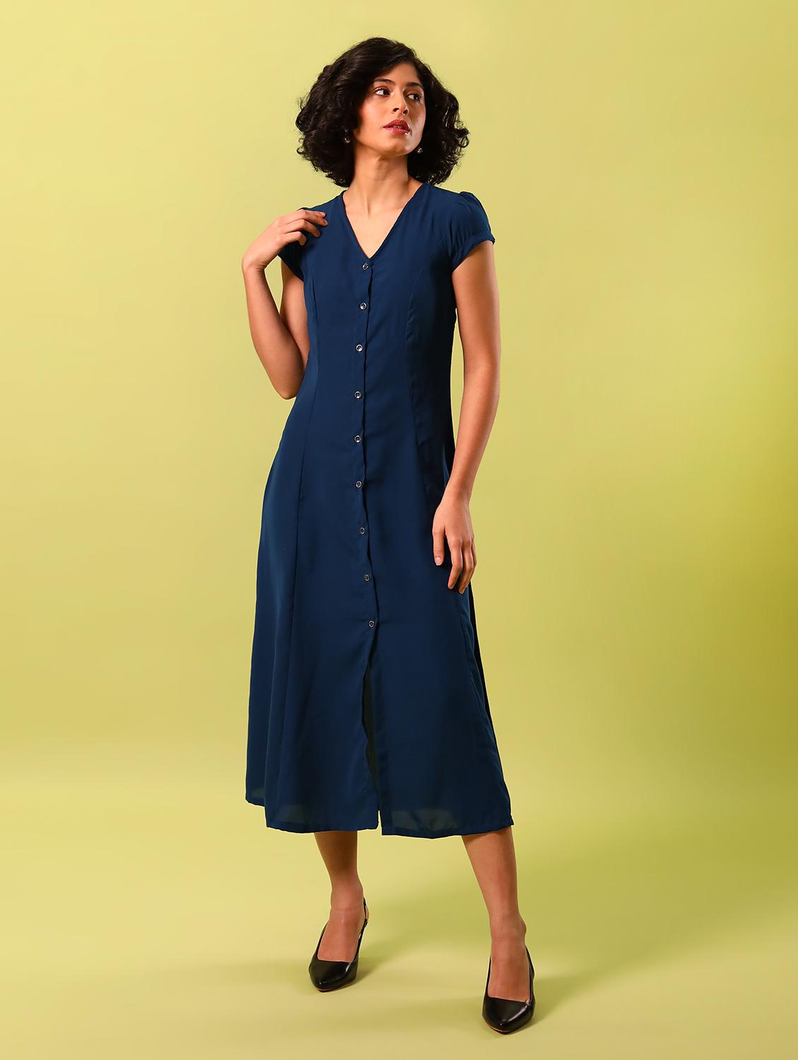 women blue solid v neck a-line dress - 18603774 -  Standard Image - 1