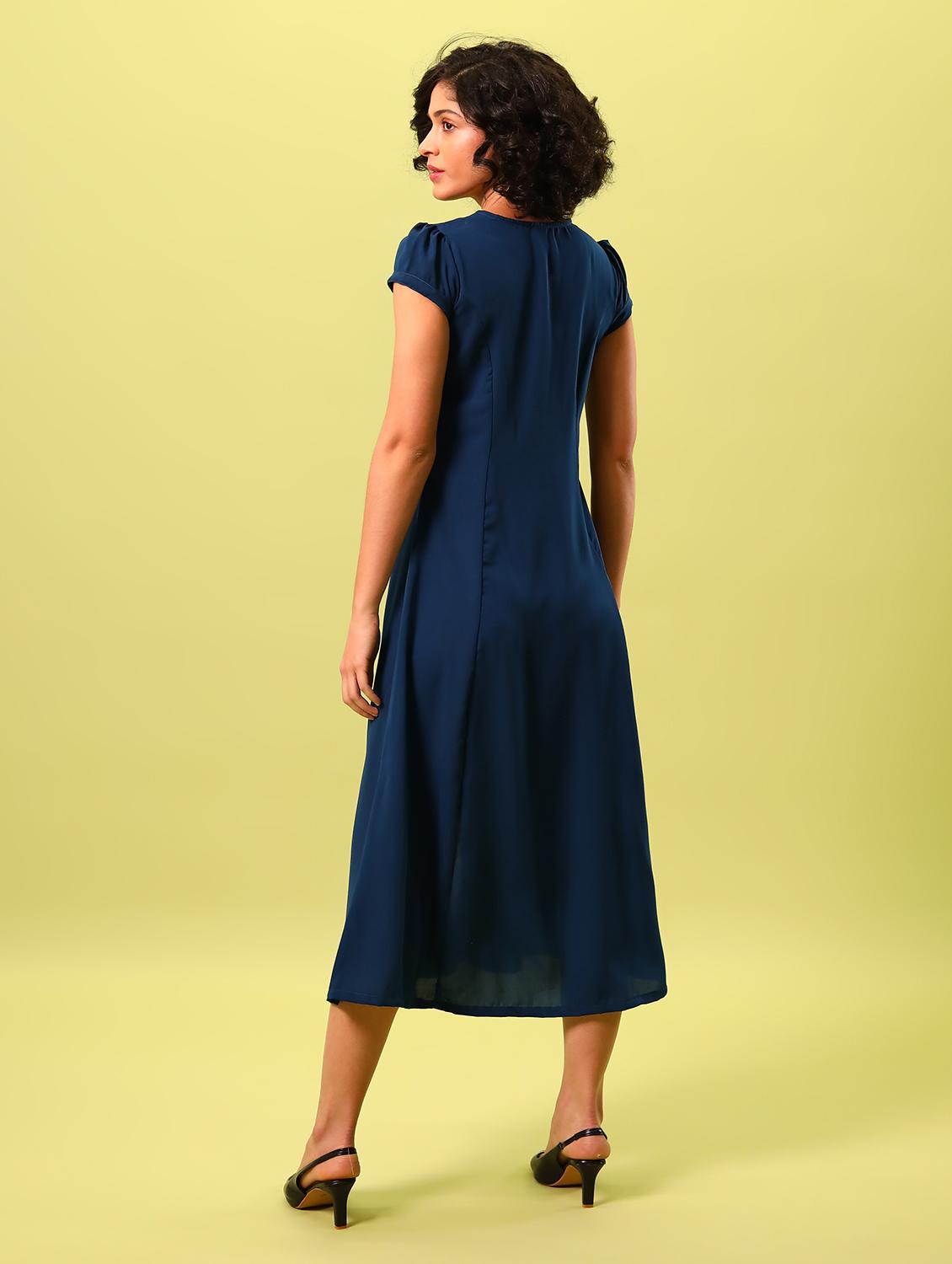 women blue solid v neck a-line dress - 18603774 - Standard Image - 4