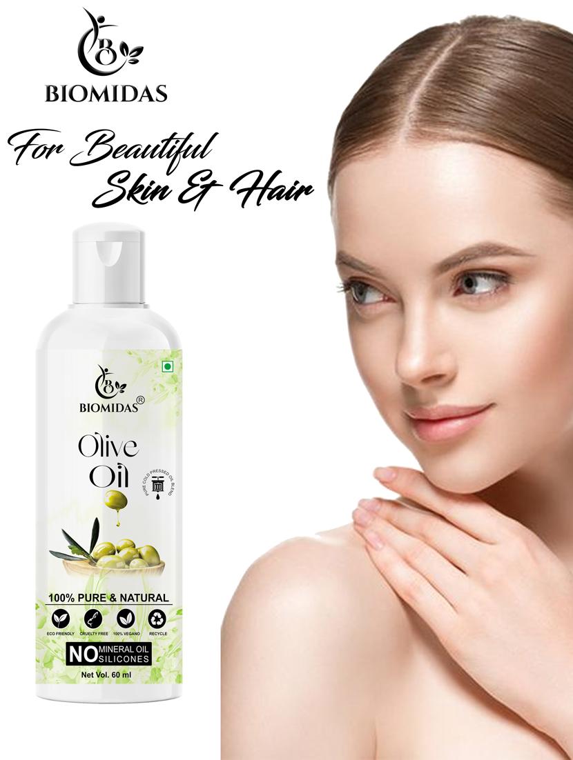 biomidas 100% pure & natural cold pressed olive oil for strengthens hair roots, reduces wrinkles & fine lines 60ml (pack of 3) - 18608093 -  Standard Image - 1