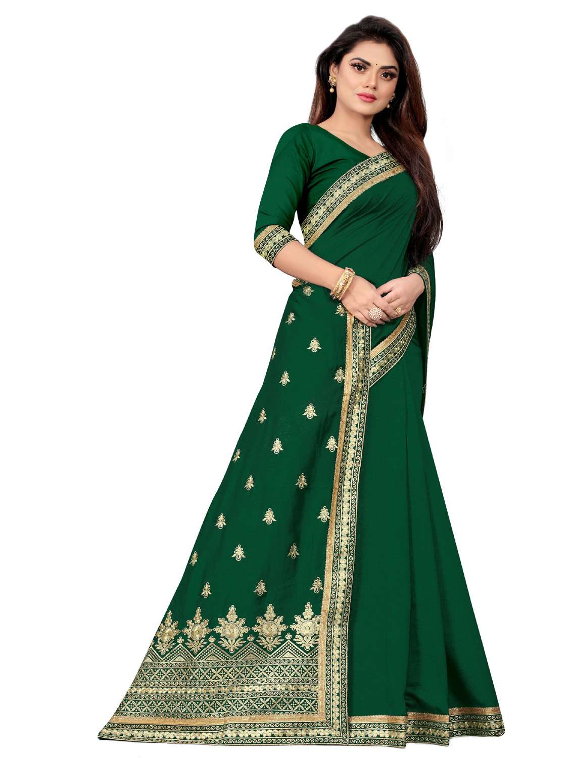 green embroidered saree with blouse piece - 18613776 - Standard Image - 1