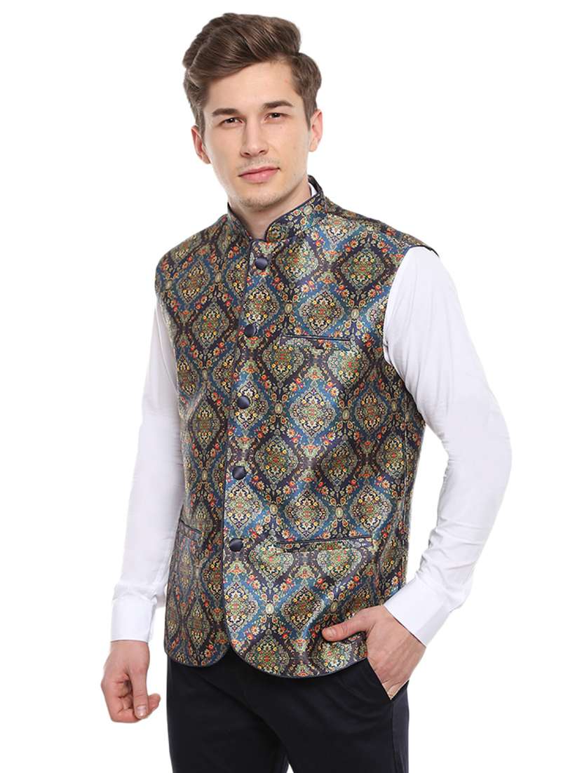 blue floral nehru jacket