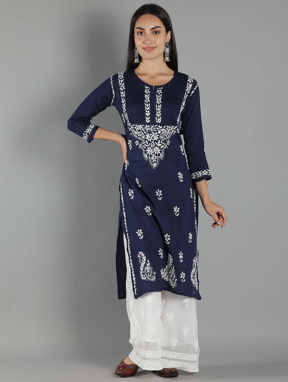 navy blue chikankari embroidered straight kurta