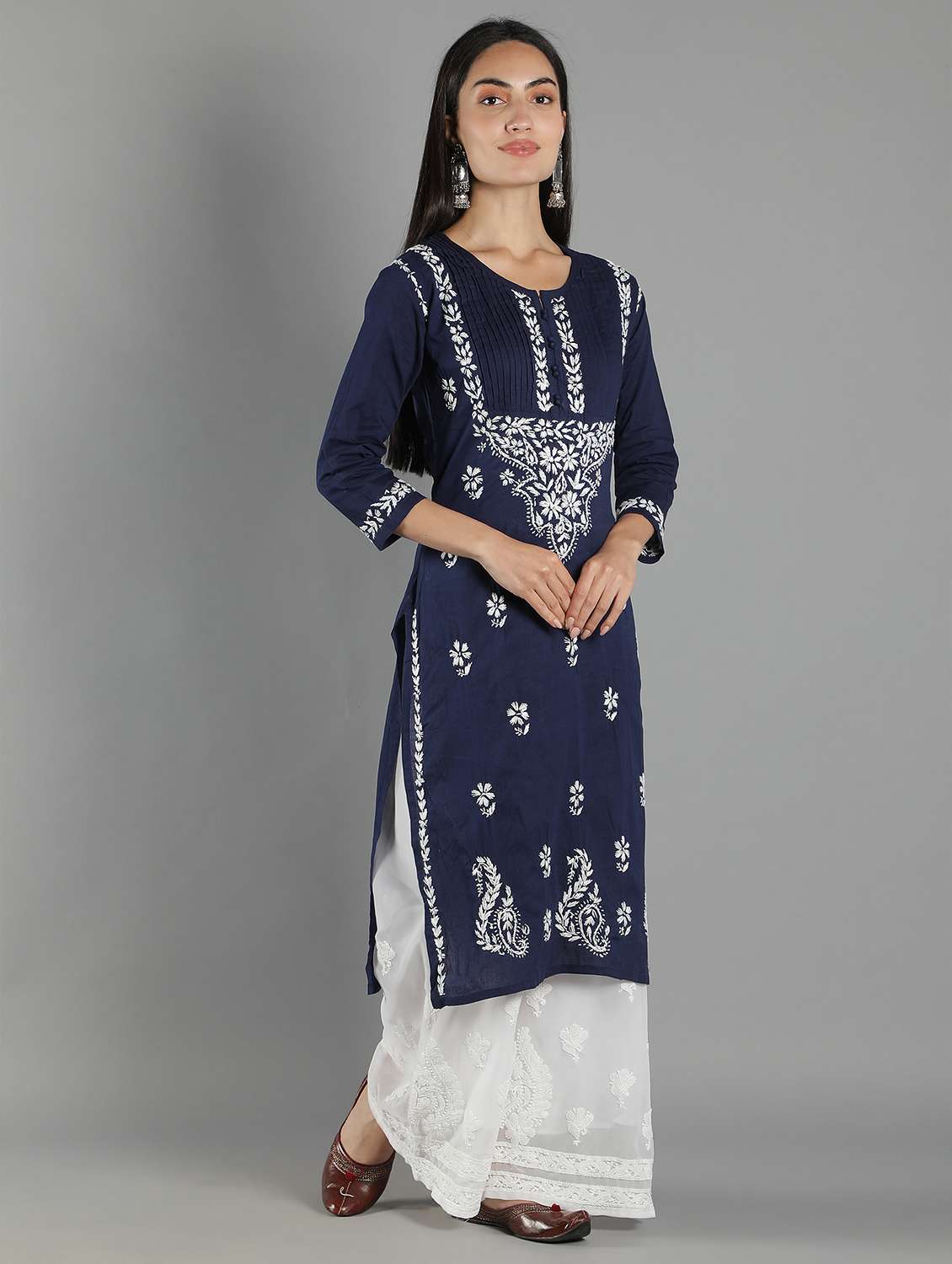navy blue chikankari embroidered straight kurta - 18616425 - Standard Image - 1
