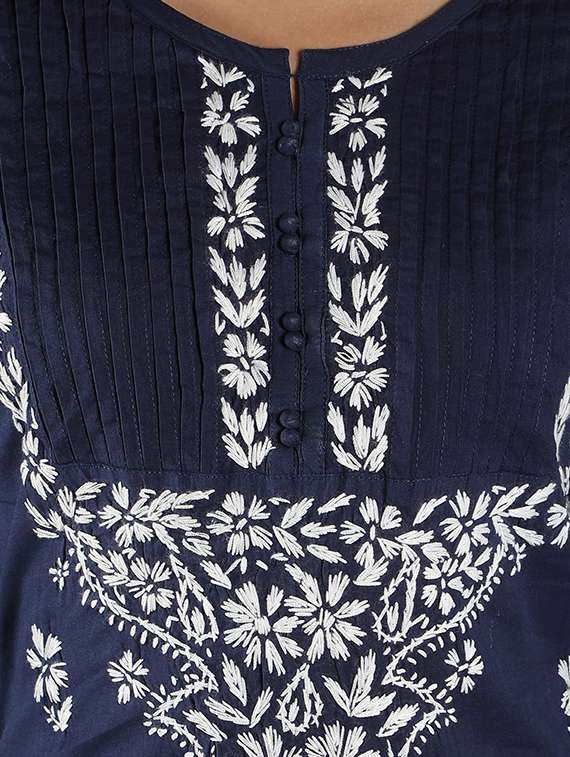 navy blue chikankari embroidered straight kurta - 18616425 - Standard Image - 4