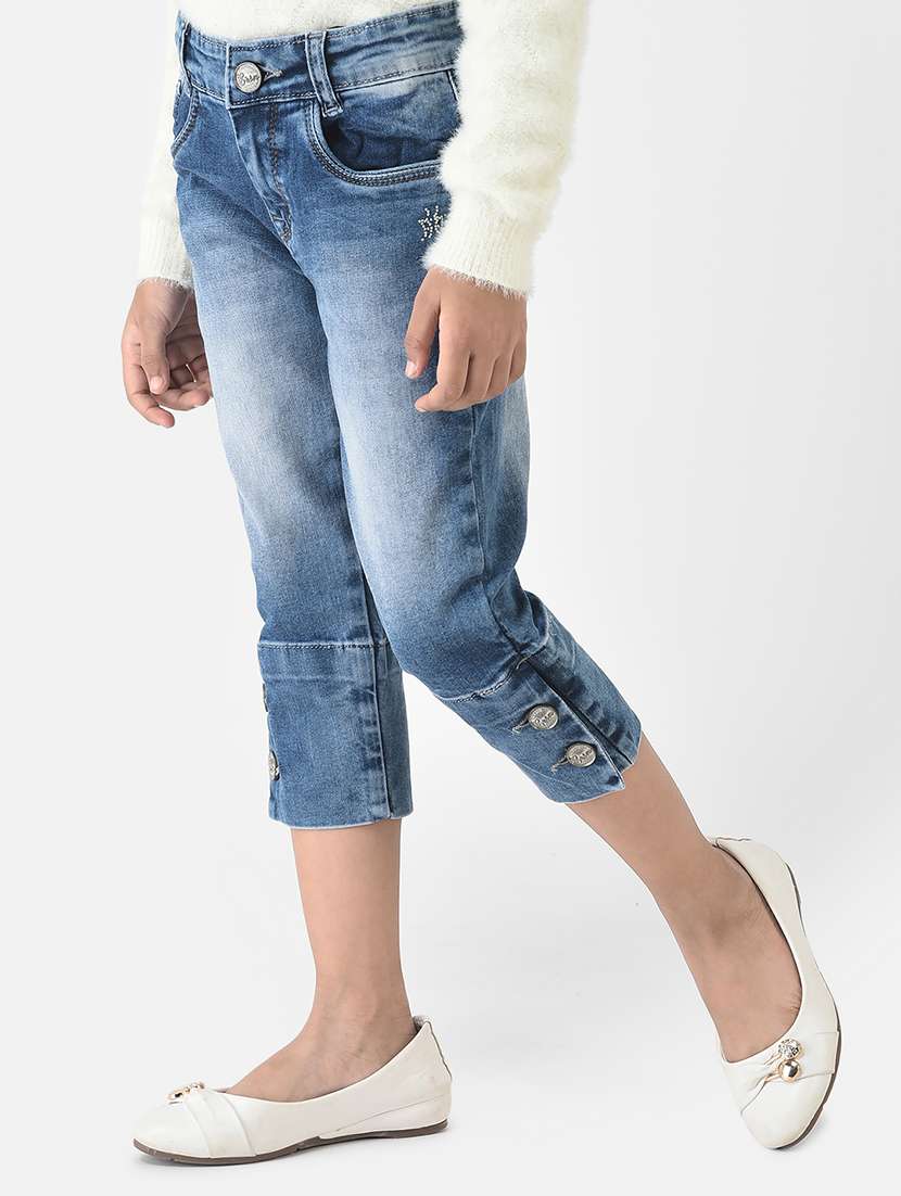 girls solid blue denim three fourth - 18620938 -  Standard Image - 1