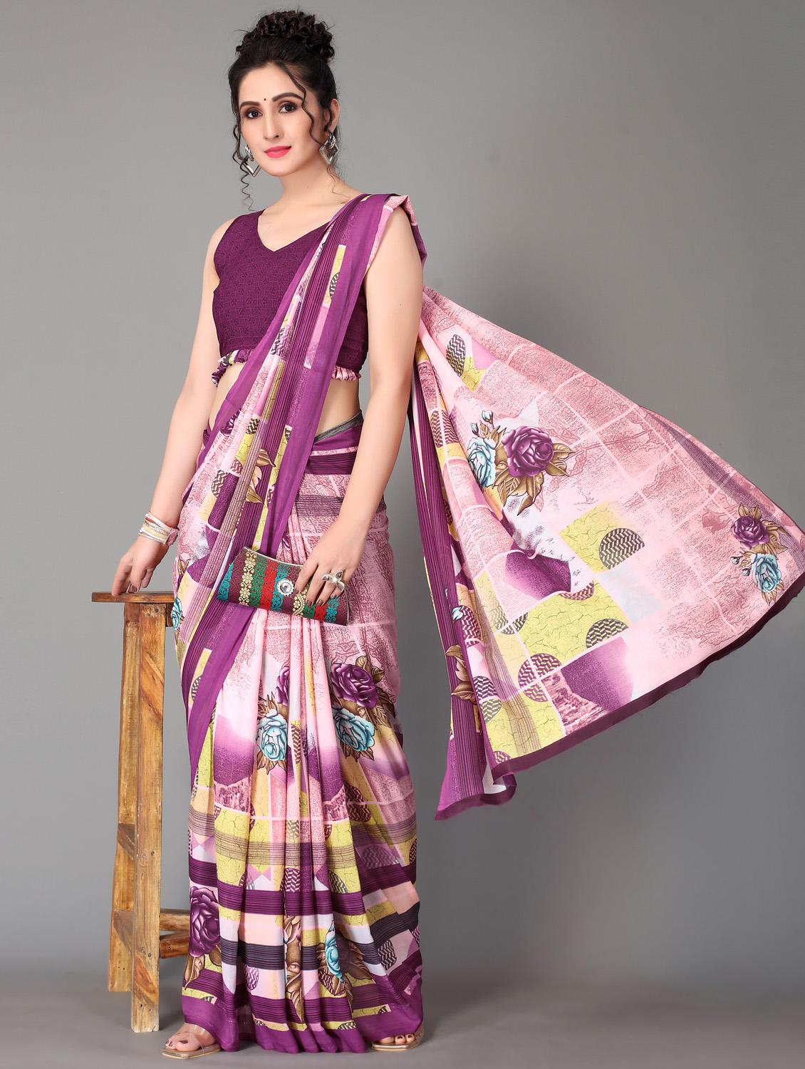 purple printed saree with blouse piece - 18627285 - Standard Image - 1