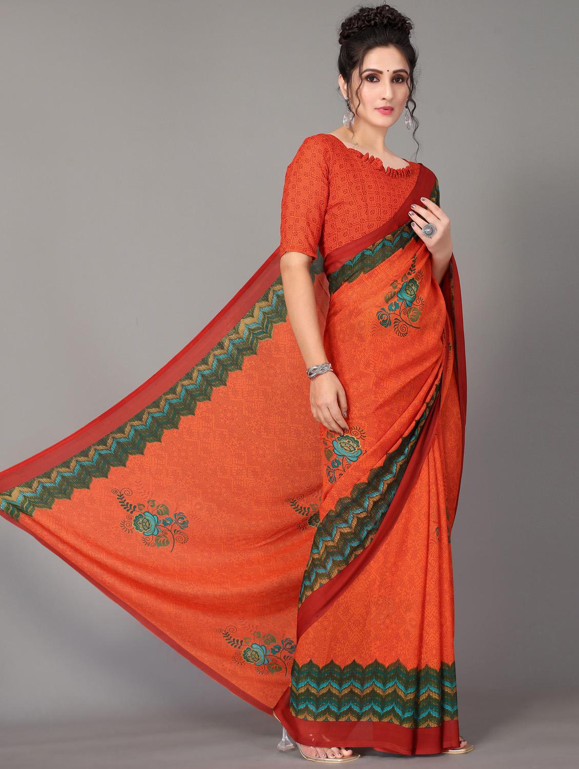 orange printed saree with blouse piece - 18627286 - Standard Image - 1