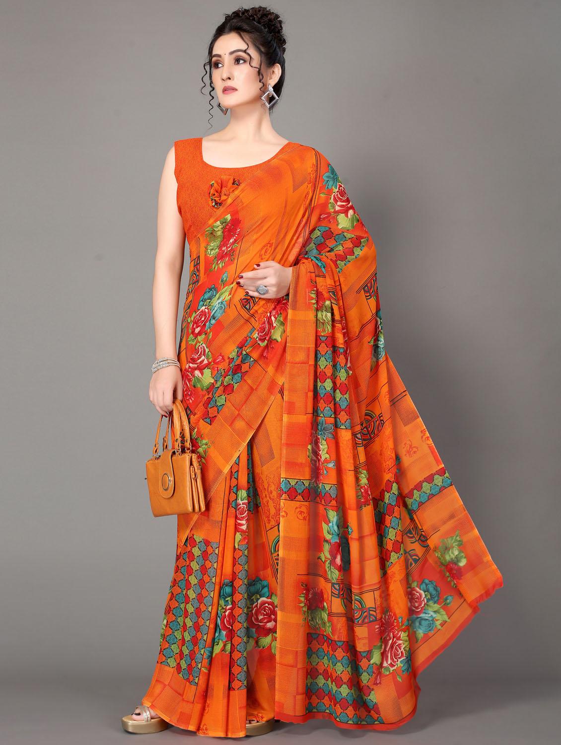 orange printed saree with blouse - 18627331 - Standard Image - 1