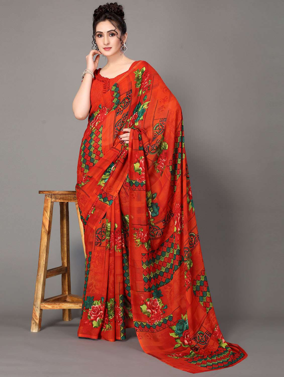 red printed saree with blouse piece - 18627333 -  Standard Image - 1