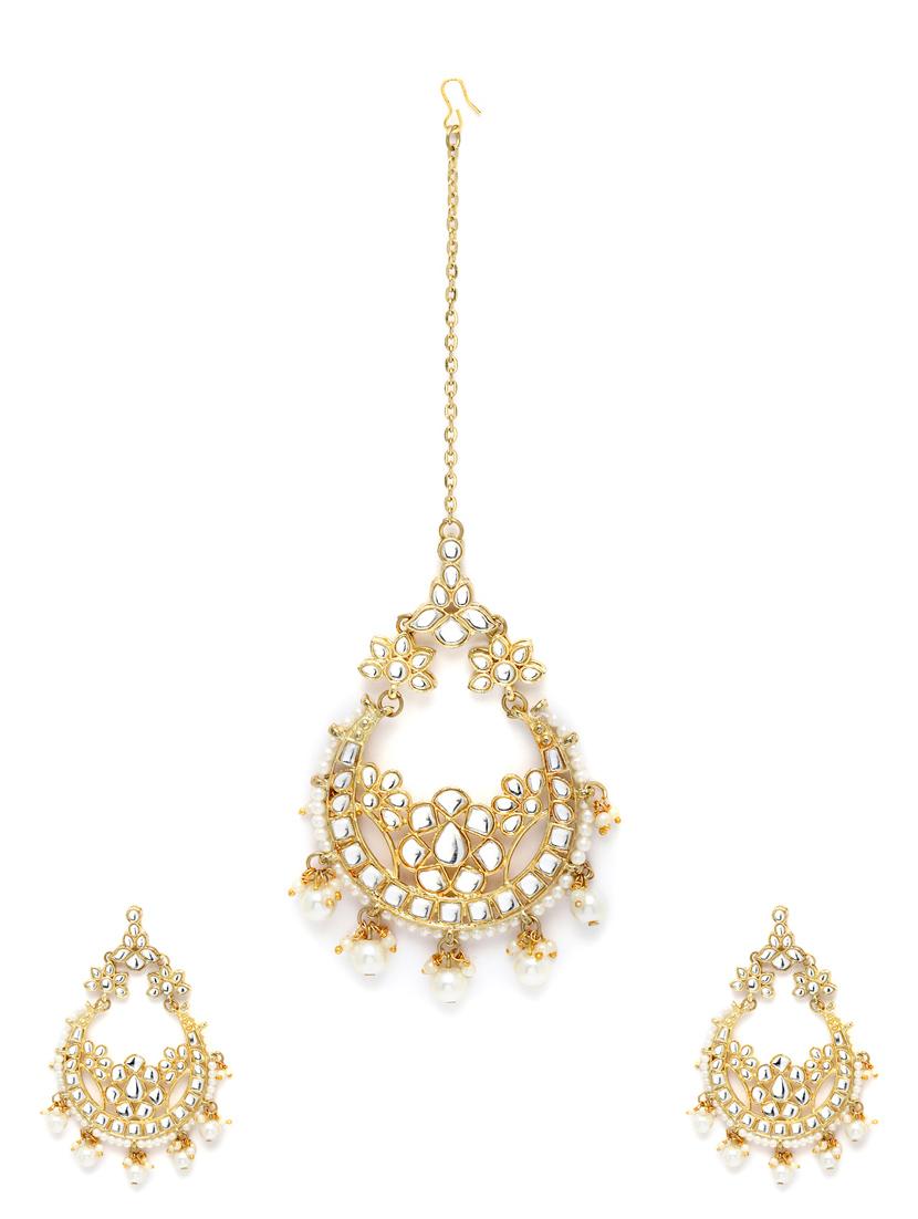 gold plated pearl earring & maang tikka set - 18633161 -  Zoom Image - 0