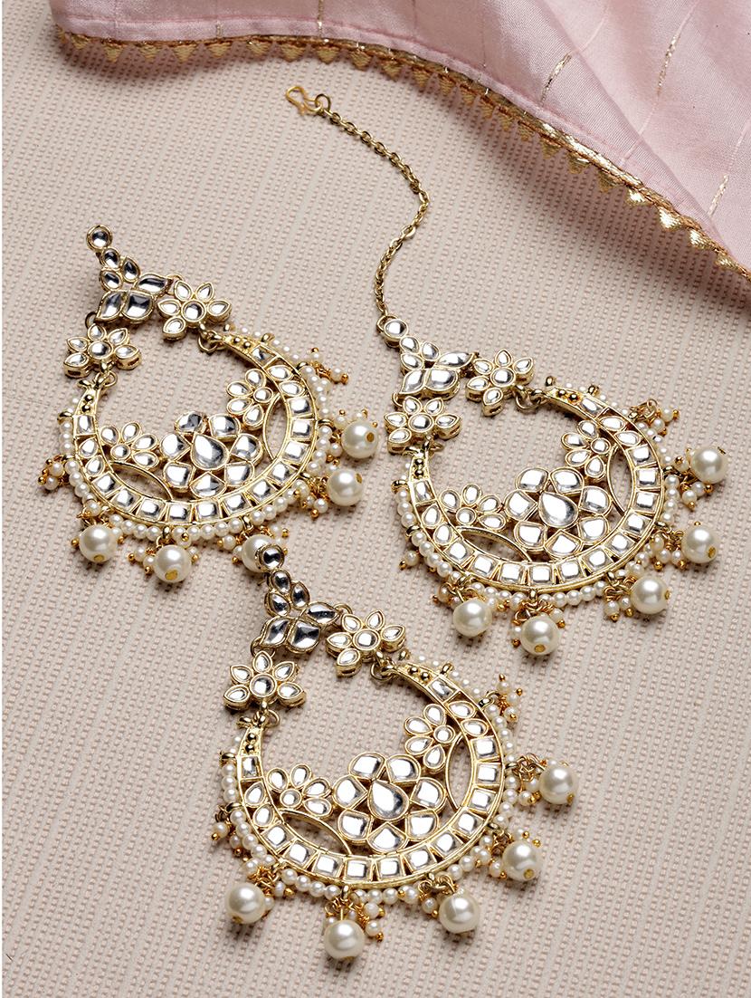 gold plated pearl earring & maang tikka set - 18633161 -  Standard Image - 1