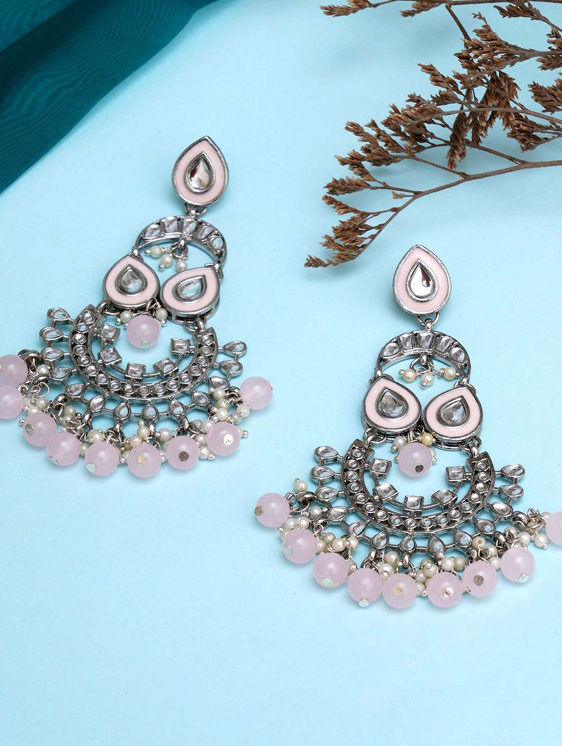 Oxidised Silver Pink Beads Kundan Dangler Earrings 