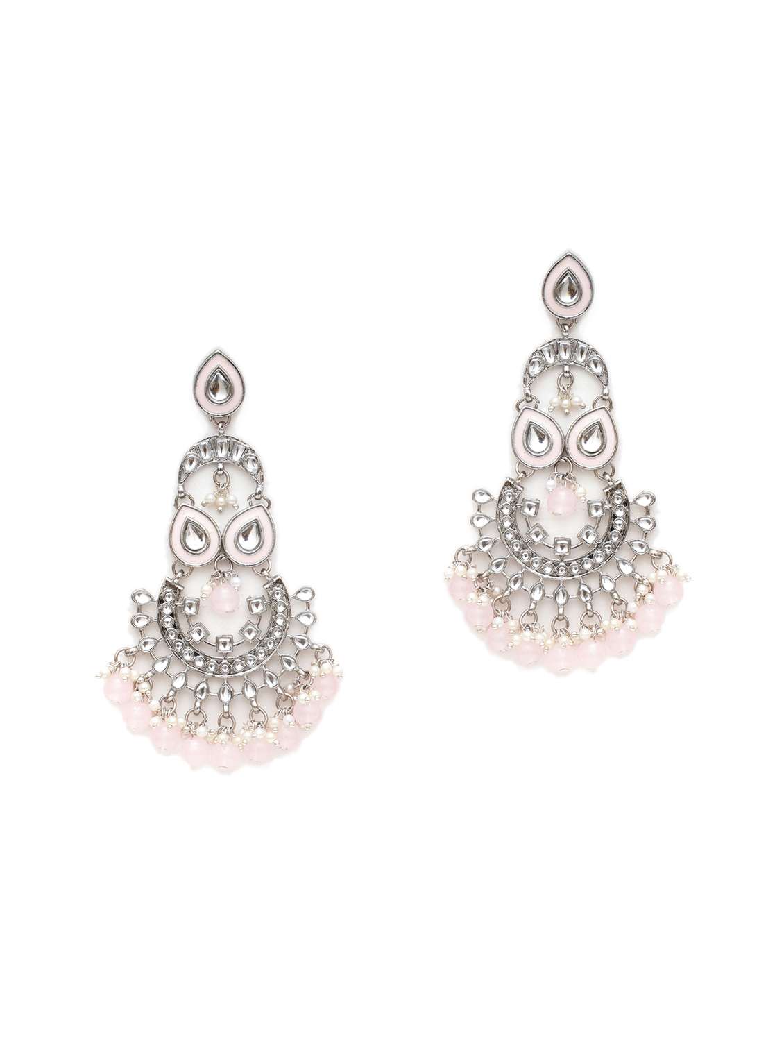 Oxidised Silver Pink Beads Kundan Dangler Earrings 