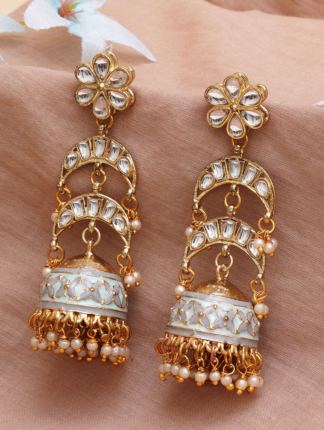 gold toned and white classic jhumkas earrings - 18633231 - Zoom Image - 0