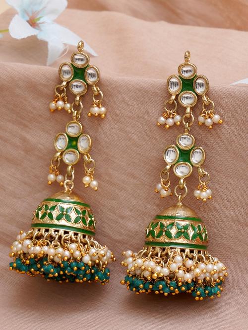 gold plated green meena handcrafted kundan jhumka earrings - 18633235 -  Standard Image - 0