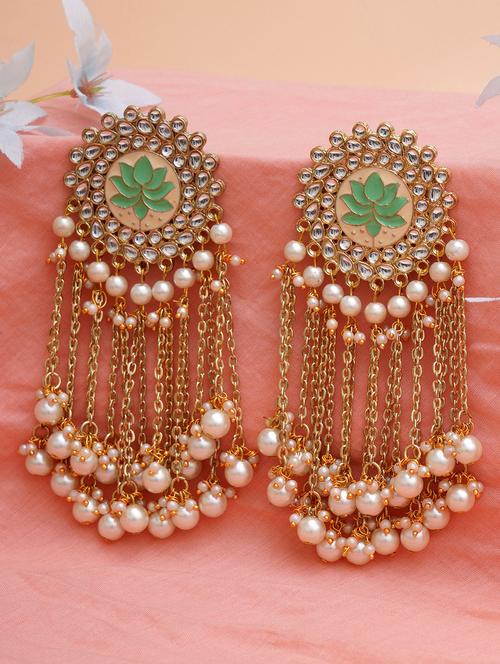 gold plated lime green & white classic kundan drop earrings - 18633238 - Standard Image - 0