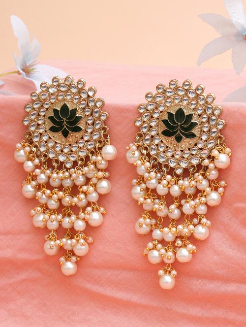 gold plated green meena pearl beads kundan dangler earrings  - 18633240 -  Standard Image - 0