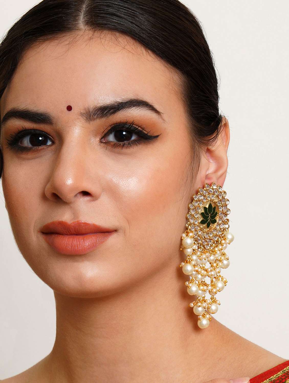 Gold Plated Green Meena Pearl Beads Kundan Dangler Earrings 