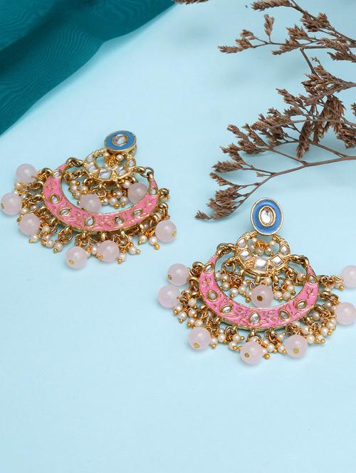 gold plated pink and blue meena kundan chandbali - 18633247 - Standard Image - 0