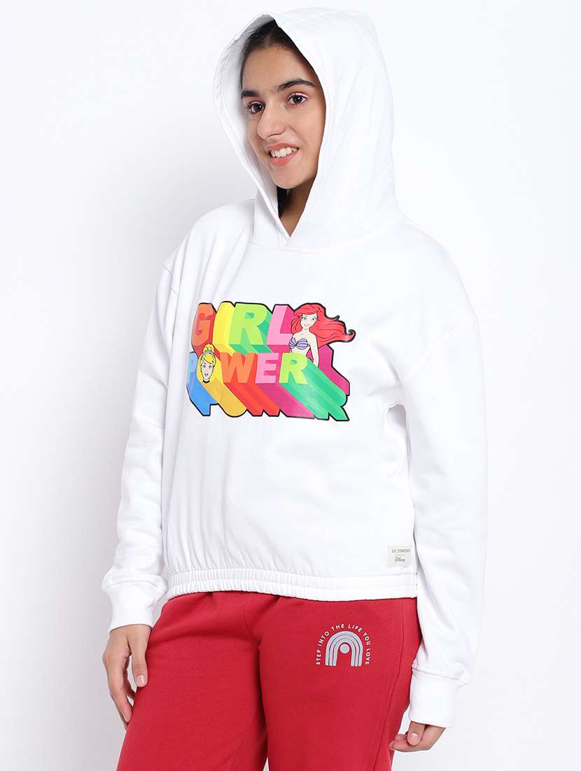 chest print hood neck sweatshirt - 18633591 -  Standard Image - 1