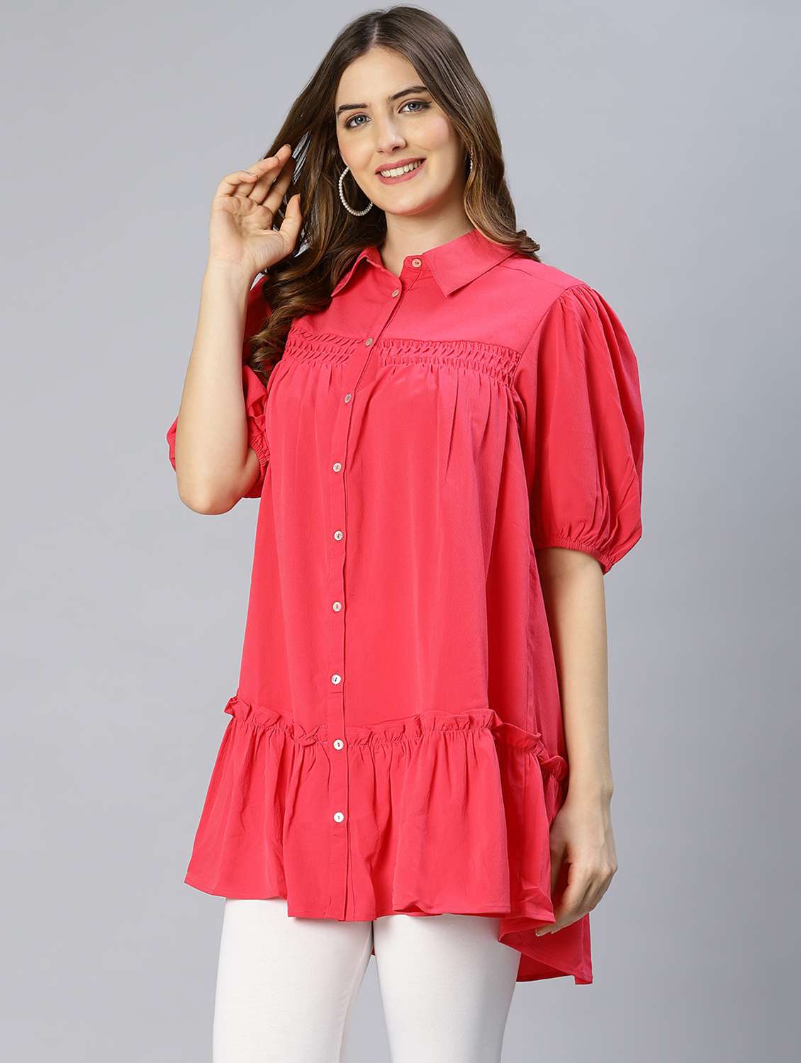 puff sleeved solid regular tunic - 18633637 - Standard Image - 1