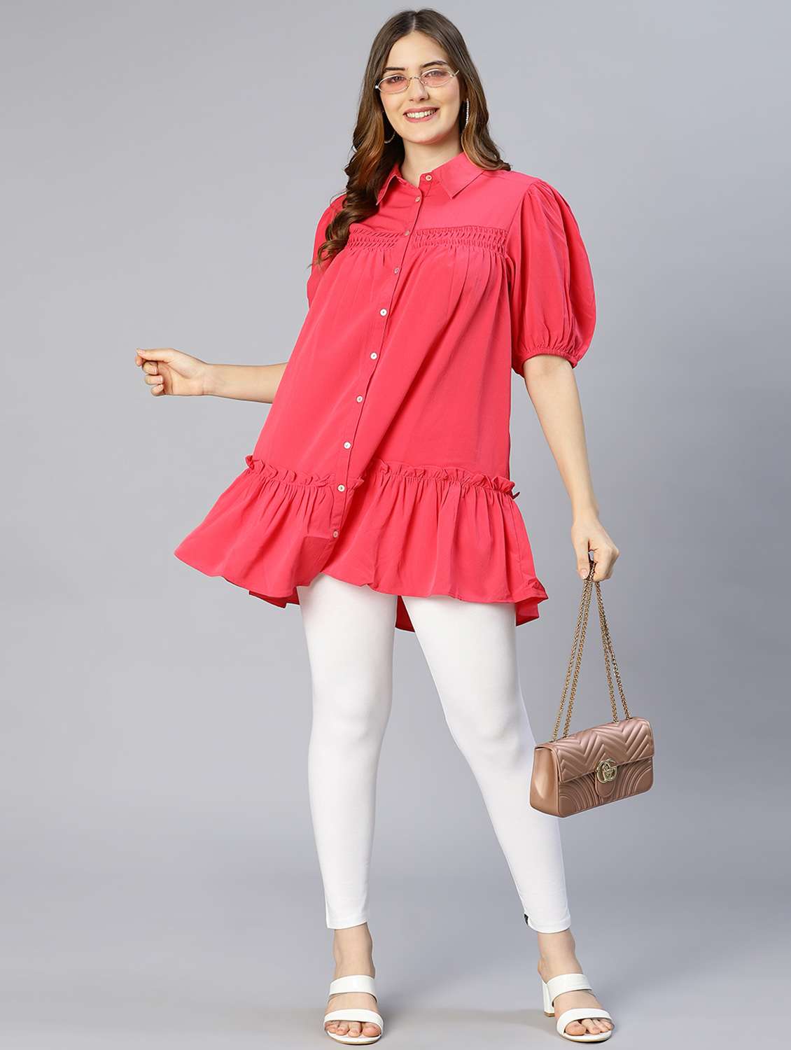 puff sleeved solid regular tunic - 18633637 - Standard Image - 4
